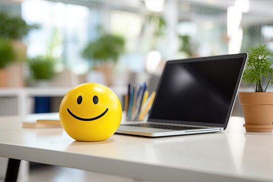 Smiley emoticon and lap top with blank screen at office desk. Copy space, add text or logo. Generative Ai image