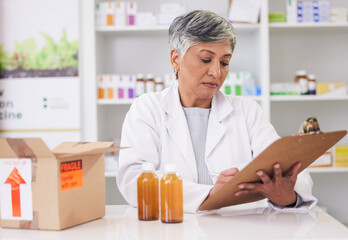 Woman, doctor and clipboard at pharmacy for inventory inspection, logistics or delivery at drug...