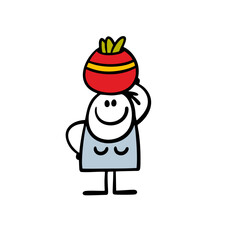 Funny stickman woman walks out of the store and carries a basket on her head. Vector illustration of a housewife in Africa.