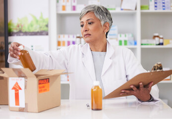 Woman, doctor and box at pharmacy for inventory inspection, logistics or delivery at drug store....