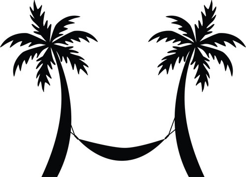 Hammock icon. Hammock between palm trees sign. Coconut palm trees symbol. flat style.