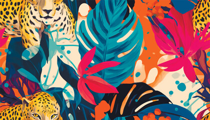 Fototapeta na wymiar Creative contemporary collage with leopard and tropical plants. Fashionable template for design