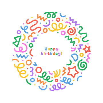 Fun colorful happy birthday doodle greeting card template. Creative party invitation for children celebration with modern shapes. Simple upbeat anniversary drawing decoration.