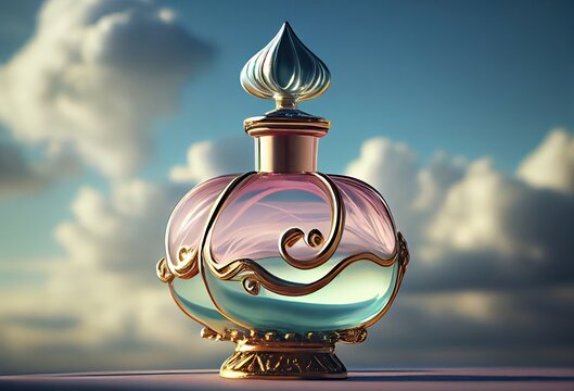 Elegant Perfume Bottle With Clouds Backdrop Generative AI