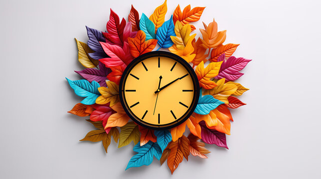 Spring flowers pink flat lay, alarm clock, springtime concept. Generative Ai