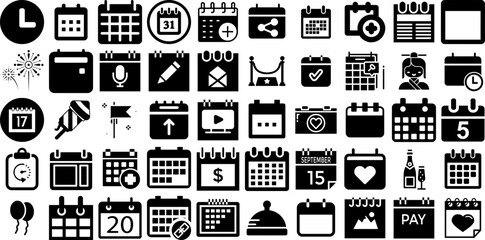 Big Collection Of Event Icons Collection Hand-Drawn Solid Simple Clip Art Festival, Icon, Symbol, Silhouette Elements Isolated On White
