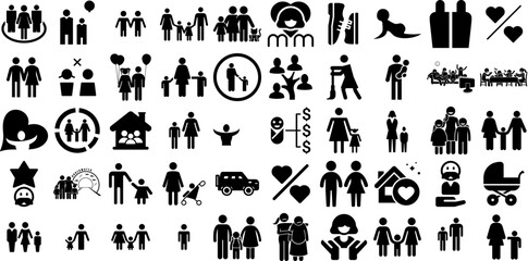 Mega Set Of Family Icons Collection Hand-Drawn Linear Infographic Signs Team, Health, Icon, Profile Buttons For Apps And Websites