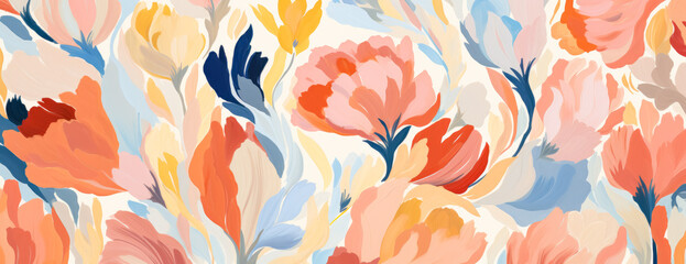 Fototapeta na wymiar Bright abstract floral seamless pattern, with orange, beige, and green colors, in the style of large brushstrokes/loose brushwork, light pink.