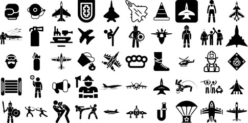 Mega Collection Of Fighter Icons Pack Hand-Drawn Solid Infographic Silhouettes Jet, Logotype, Fighter, Icon Element Isolated On White Background