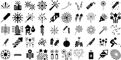Massive Collection Of Fireworks Icons Collection Hand-Drawn Solid Drawing Web Icon Collection, Icon, Festival, Celebration Signs Isolated On White Background