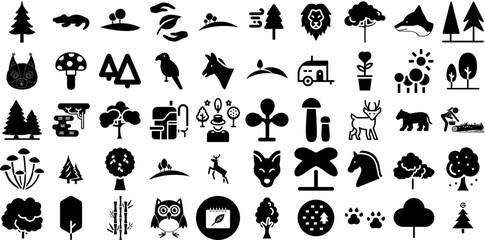 Massive Set Of Forest Icons Set Hand-Drawn Black Concept Elements Icon, Silhouette, Garden, Grove Graphic Vector Illustration - obrazy, fototapety, plakaty