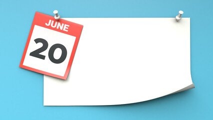 June 20. A calendar sheet with a date on a blue background. Copy space. The best day of the year. Three-dimensional illustration. 3D rendering.