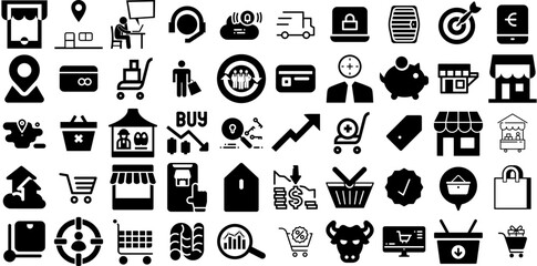 Big Set Of Market Icons Bundle Black Cartoon Symbol Icon, Trading, Interface, Distribution Pictogram Isolated On Transparent Background