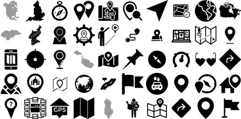 Massive Collection Of Map Icons Pack Isolated Simple Pictogram Three-Dimensional, Orientation, Mark, Pointer Symbol Isolated On White Background
