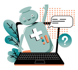 Medical Chatbot help. Artificial intelligence talks and helps patients. Consultation in the treatment or selection of a doctor, medications. Messages from the bot. Future technology. Vector doodle