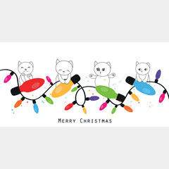 Cute cats holding christmas lights bulb. Happy new year and Merry Christmas greeting card design