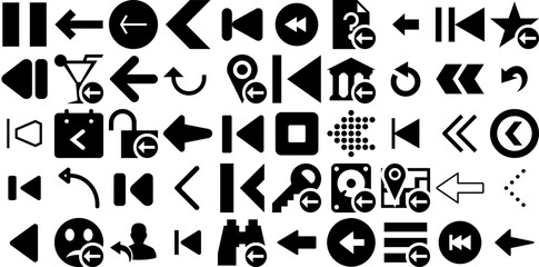 Huge Collection Of Previous Icons Set Solid Infographic Pictograms Previous, Backward, Back, Arrow Element Isolated On White