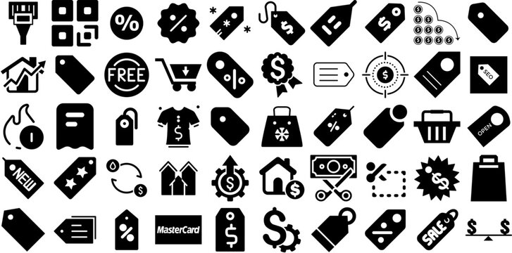 Massive Set Of Price Icons Set Black Cartoon Clip Art Value, Icon, Business, Sweet Pictograph Vector Illustration
