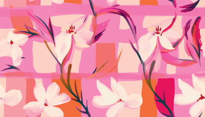 Obraz na płótnie Canvas Hand drawn bright cute pink artistic flowers print. Modern botanical geometric pattern. Fashionable template for design.