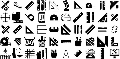 Huge Collection Of Ruler Icons Collection Hand-Drawn Isolated Design Signs Setsquare, Protractor, Pen, Icon Signs Isolated On White Background