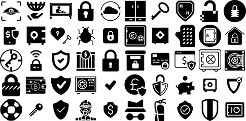 Big Set Of Safe Icons Set Hand-Drawn Isolated Simple Web Icon Vault, Icon, Close, Set Pictograms Isolated On White