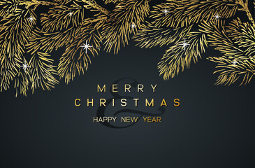 Christmas Poster with golden pine branches on dark background. New year illustration. - 620975704