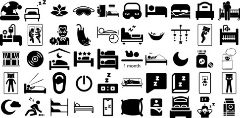 Massive Set Of Sleep Icons Set Hand-Drawn Isolated Concept Symbol Symbol, Icon, Dream, Glyphs Silhouettes Vector Illustration