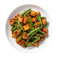 Plate of Spicy Tofu and Green Beans Stir Fry Isolated on a Transparent Background 