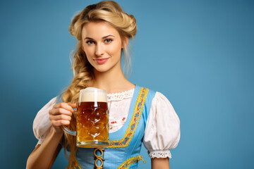 Portrait of an Oktoberfest waitress with a glass of beer wearing a traditional costume