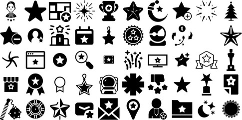 Mega Collection Of Star Icons Pack Hand-Drawn Solid Vector Elements Scepter, Silhouette, Sweet, Festival Clip Art Isolated On White Background