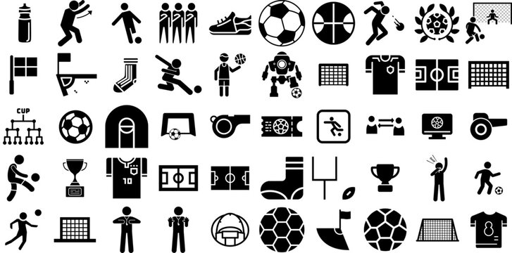 Big Collection Of Soccer Icons Bundle Black Vector Silhouettes Icon, Set, Team, Futsal Element Vector Illustration