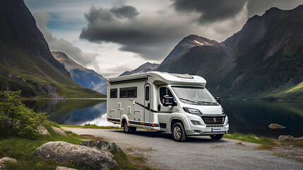 Camper parked at a Lake, mountains in background, Scandinavian