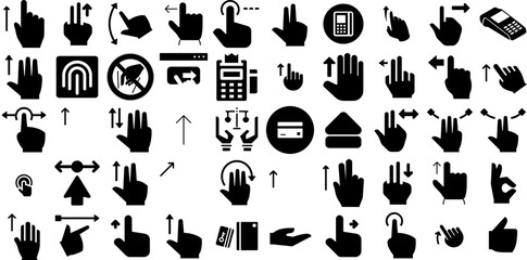 Big Set Of Swipe Icons Pack Solid Simple Silhouettes Icon, Gesture, Hand, Arrow Glyphs Isolated On White Background