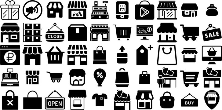 Huge Set Of Store Icons Pack Hand-Drawn Isolated Infographic Symbol Icon, Symbol, Thin, Silhouette Silhouettes For Apps And Websites