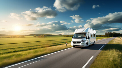 Fototapeta na wymiar Traveling with Camper Motor home RV, road, mountains, rural, camping