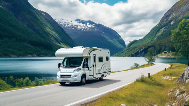 Camper RV riding on road at Lake, mountains in background
