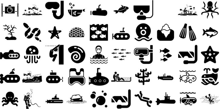 Mega Collection Of Underwater Icons Pack Flat Vector Pictogram Cleaning, Camera, Underwater, Sport Pictograms Isolated On White Background