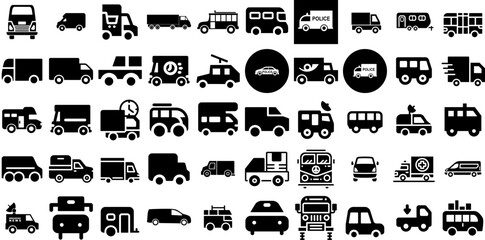 Big Collection Of Van Icons Set Solid Drawing Signs Product, Shopping, Service, Coin Pictograms For Computer And Mobile