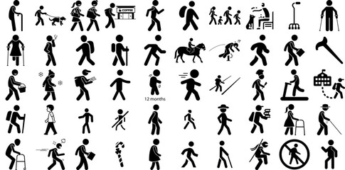 Massive Collection Of Walking Icons Collection Hand-Drawn Solid Drawing Silhouettes Silhouette, Man, Woman, Businessman Graphic For Apps And Websites
