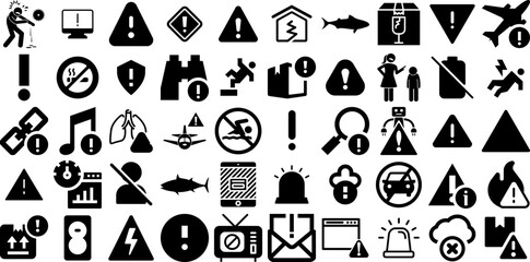 Mega Collection Of Warning Icons Set Hand-Drawn Linear Vector Silhouettes Symbol, Attention, Tracking, Icon Pictograms Isolated On White Background