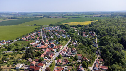 Ettersburg in Thuringia, view over the municipality in summer from above, drone shot