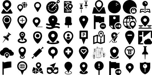Massive Collection Of Pin Icons Bundle Black Concept Signs Pointer, Icon, Symbol, Circus Element Isolated On White Background