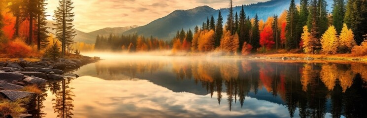 Beautiful autumn landscape. Colorful seasonal autumn background, wallpaper. Generative AI