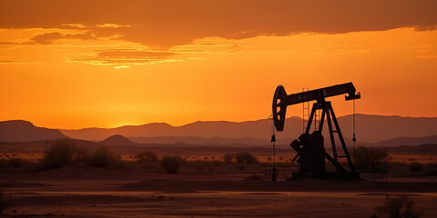 Naklejka premium Crude oil pumpjack rig against the silhouette of the desert in the evening sunset. Generative AI.