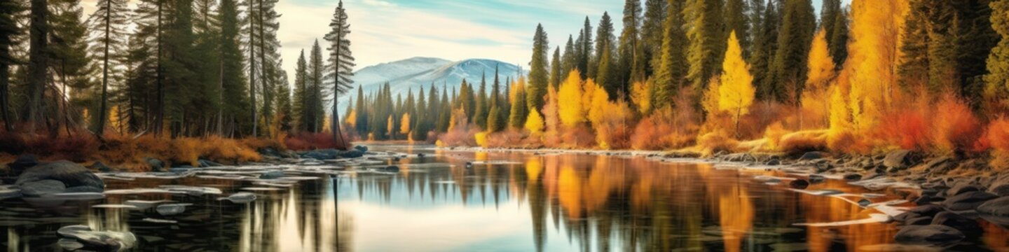 Beautiful autumn landscape. Colorful seasonal autumn background, wallpaper. Generative AI © Viktor