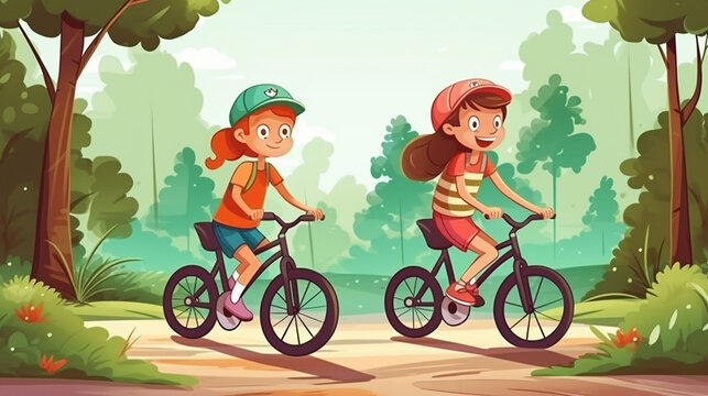 friends riding a bike in the park cartoon style