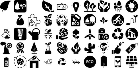 Mega Collection Of Ecology Icons Collection Hand-Drawn Isolated Drawing Symbols Symbol, Health, Light Bulb, Icon Glyphs Isolated On Transparent Background