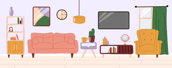 Living room interior design with furniture sofa, bookcase, tv, lamp, window, armchair. Flat doodle style vector illustration