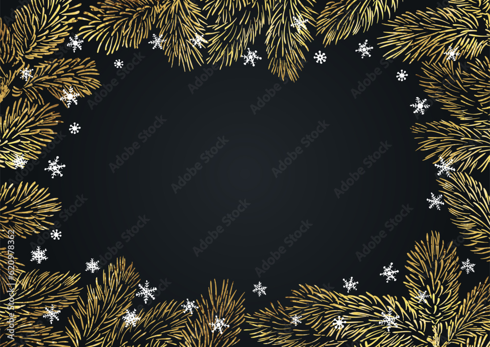 Wall mural Vector horizontal frame of Christmas Background with branches of christmas tree and golden elements. - Wall murals