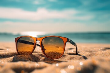 Fototapeta na wymiar Sunglasses on sand at the beach - Generative AI